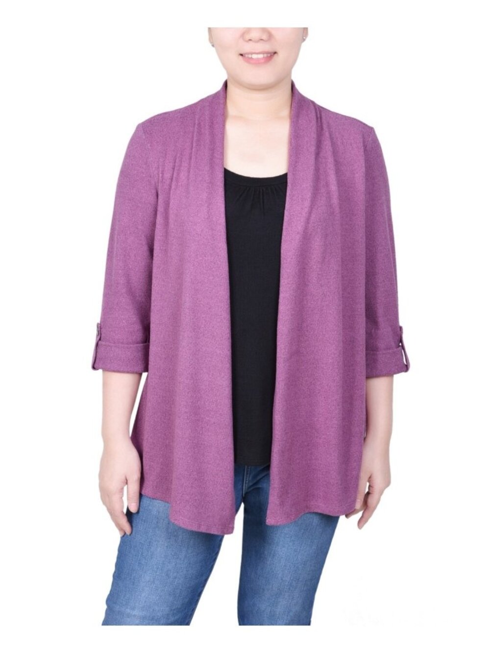 NY Collection Petite 3/4 Sleeve Two in One Top Cardigan Dark Pink Black Size PL